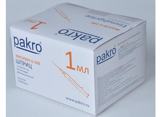 Шприц PAKRO 1мл, инсулиновый двухкомпонентный с иглой 0,4*12